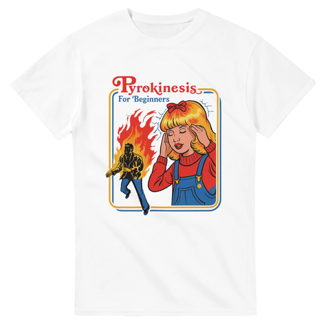 Vit t-shirt med retroillustration och texten "Pyrokinesis for Beginners"