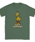 Grön t-shirt med tecknad smutsig anka och texten "Shit Happens"