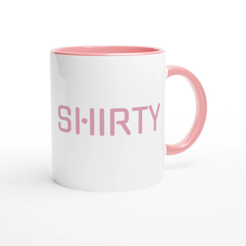 vit keramisk mugg med rosa insida och handtag, shirty-tryck