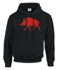 Svart hoodie med röd silhuett av vildsvin
