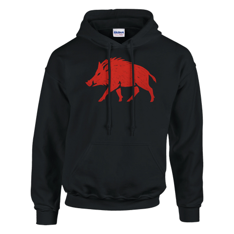 Svart hoodie med röd silhuett av vildsvin