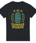 Svart t-shirt med ölburk, kungakrona och texten ”Royal Blood Cheap Beer” – en blinkning till svensk starköl och billig bärs.