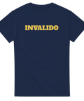 Gult Invalido-tryck i retrostil på en marinblå t-shirt