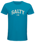 Marinblå t-shirt med Salty text och liten haj-symbol – grafiskt tryck