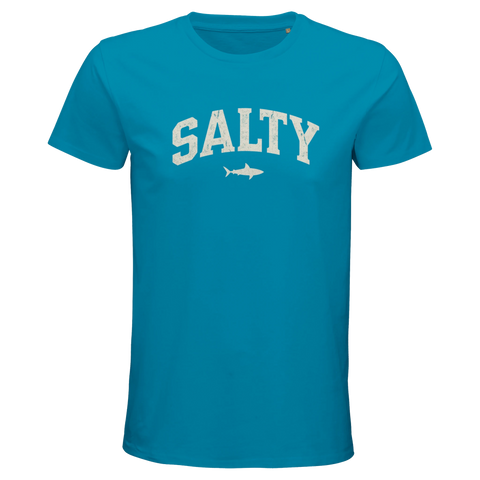 Marinblå t-shirt med Salty text och liten haj-symbol – grafiskt tryck