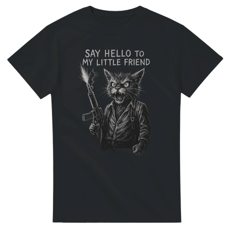 T-shirt med beväpnad katt i Scarface-stil och texten "Say Hello to My Little Friend"