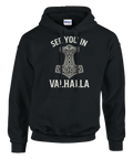 Svart hoodie med vikingamotiv – Mjölner och texten "SEE YOU IN VALHALLA"
