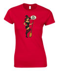 Röd t-shirt med pinup-häxa och texten "Big Broom Energy", humoristiskt motiv