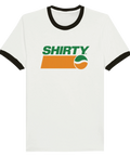Retro T-shirt där Shirty gör parodi på Pepsis klassiska logga i orange och grönt. 