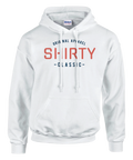 Vit hoodie med texten "SHIRTY CLASSIC – Original Apparel" i retrostil