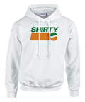 Vit hoodie med retro sportlogga i grönt och orange och texten "SHIRTY"