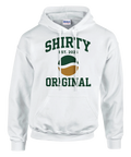 Vit hoodie med grön text "SHIRTY ORIGINAL" och retroemblem