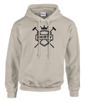 Beige hoodie med svart Shirty-logga i form av krona, sköld och korsade poloklubbor – sportig och elegant streetwear.