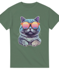 Grön t-shirt med tecknad katt i färgglada solglasögon

