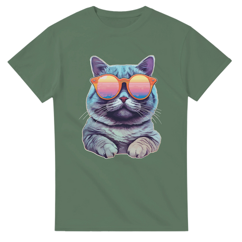 Grön t-shirt med tecknad katt i färgglada solglasögon
