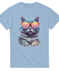 Ljusblå t-shirt med tecknad katt i färgglada solglasögon

