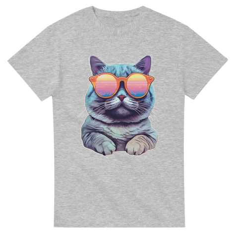 Ljusgrå t-shirt med tecknad katt i färgglada solglasögon

