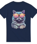 Mörkblå t-shirt med tecknad katt i färgglada solglasögon

