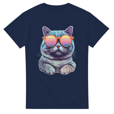 Mörkblå t-shirt med tecknad katt i färgglada solglasögon

