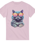 Rosa t-shirt med tecknad katt i färgglada solglasögon

