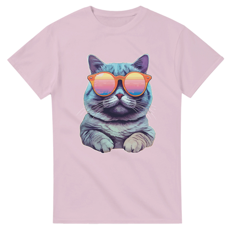 Rosa t-shirt med tecknad katt i färgglada solglasögon

