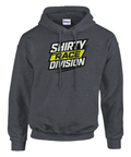Mörkgrå hoodie med vit och gul Shirty Race Division-logga – sportig racinginspirerad streetwear.