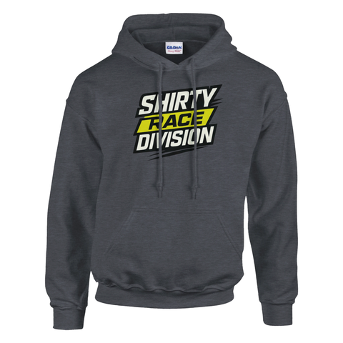 Mörkgrå hoodie med vit och gul Shirty Race Division-logga – sportig racinginspirerad streetwear.
