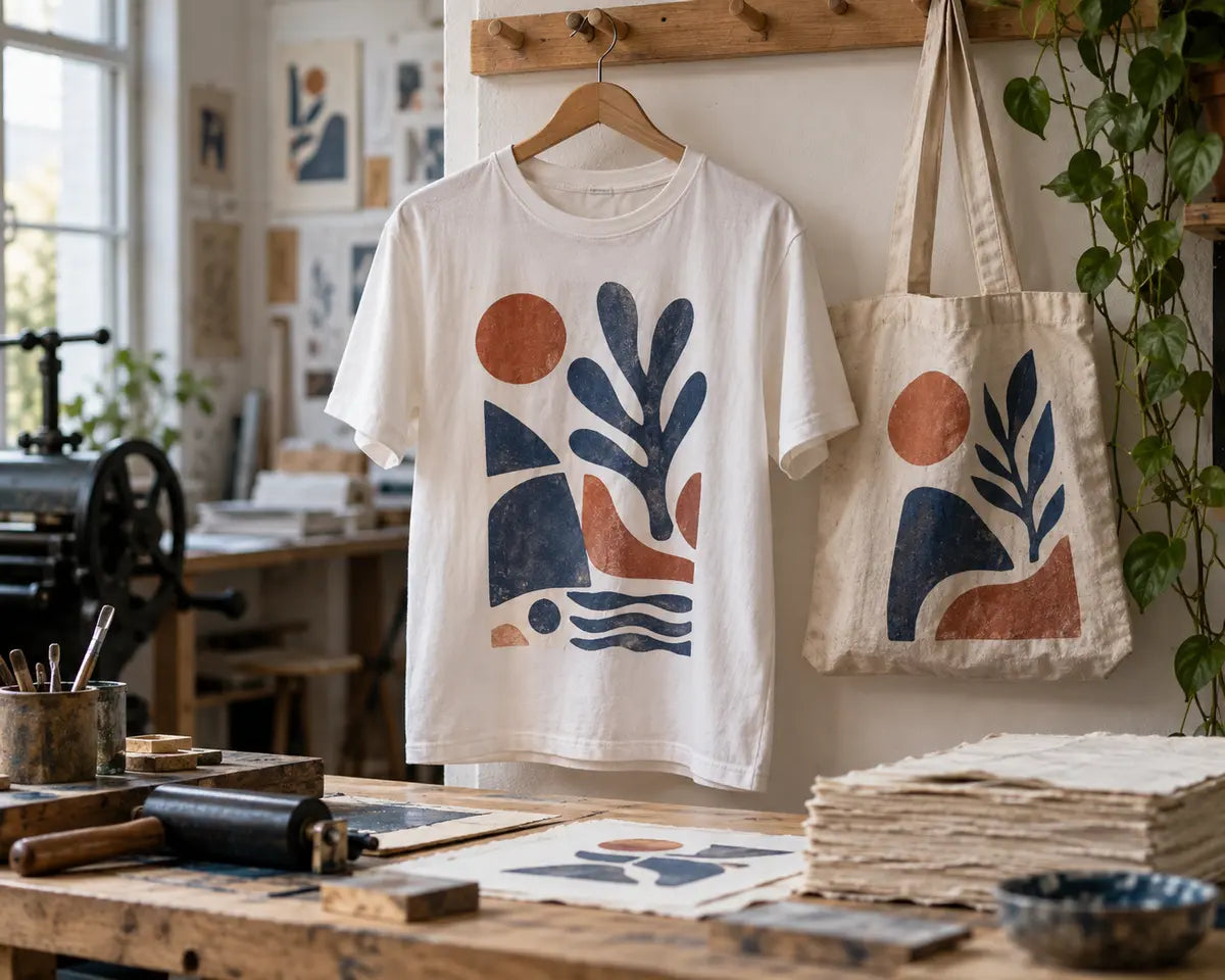 Eget tryck på t-shirt och tygkasse i en kreativ studio