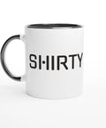 vit keramisk mugg med svart insida och handtag, shirty-tryck