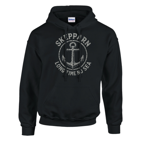Svart hoodie med ankare och texten Skepparn Long Time No Sea