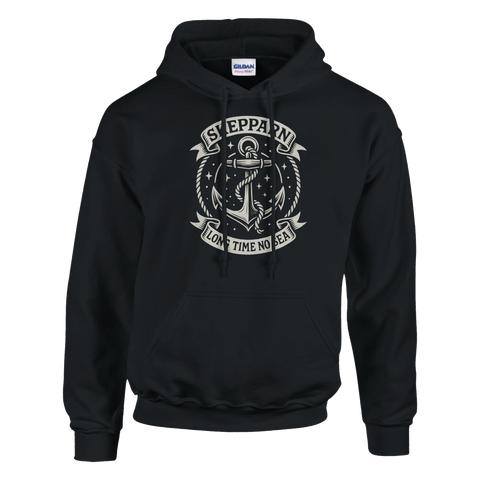Hoodie för skeppare och havsfolk som kanske inte sett havet på länge. Text Long Time No Sea
