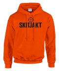 Orange hoodie med svart text "SKITJAKT" och kikarsikte-symbol för jägare
