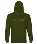 Jaktmotiv med hjorthuvud och texten "Skitjakt Original" på grön hoodie.