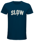 Vintage text-tryck SLOW med liten sköldpadda – marinblå ekologisk t-shirt