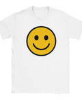 Vit t-shirt med ett gult smiley-ansikte i mitten