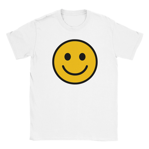 Vit t-shirt med ett gult smiley-ansikte i mitten