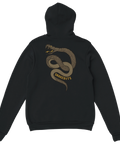 Unisex-hoodie med stort ryggtryck: detaljerad slingrande orm och texten Snakebite – trendig och tuff streetwear-design.