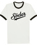 Vit t-shirt med svarta muddar och retroinspirerad text "Söder" i svart skriptstil