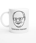 vit kaffemugg med tecknad gubbe Ove från Solsidan och texten tjeeenaare mannen