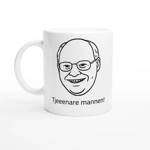 vit kaffemugg med tecknad gubbe Ove från Solsidan och texten tjeeenaare mannen