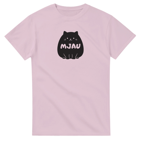 Söt t-shirt med svart rund tecknad katt och texten Mjau