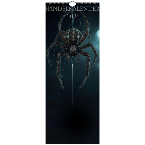 Spindelkalender 2026 med realistisk stor spindel på mörk bakgrund