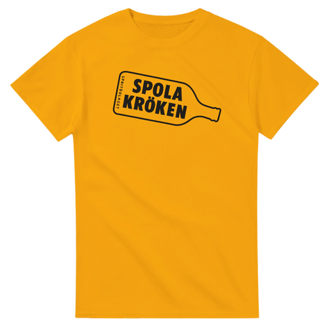 T-shirt med retrotryck av en flaska och texten Spola Kröken – svensk kult och humoristiskt motiv.