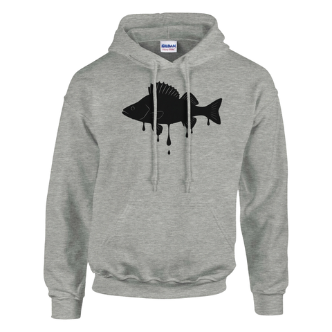 Grafisk design av svart droppande abborre på hoodie för sportfiske