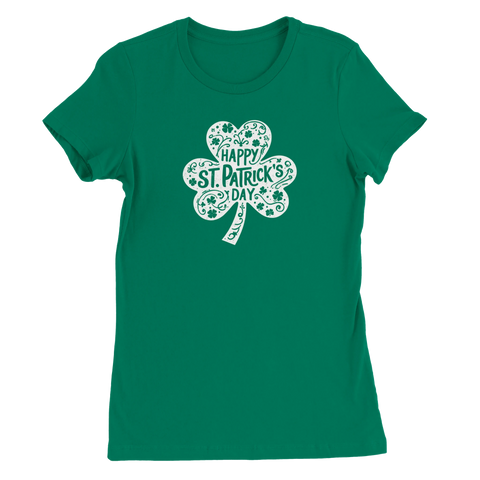 Grön dam-t-shirt med vit shamrock och texten Happy St. Patrick’s Day