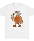 Humoristisk T-shirt med arg grapefruktfigur som håller gin & tonic och texten Stay Bitter