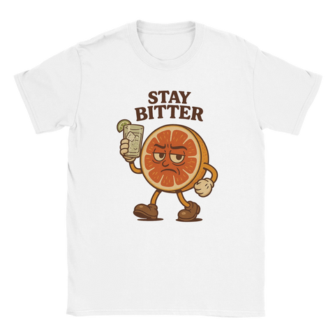 Humoristisk T-shirt med arg grapefruktfigur som håller gin & tonic och texten Stay Bitter