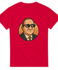Röd t-shirt med illustration av en äldre man i kostym med solglasögon i "thug life"-stil