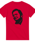 Röd t-shirt med svart grafiskt porträtt av svensk historisk profil