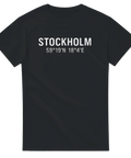 T-shirt med texten Stockholm och stadens koordinater